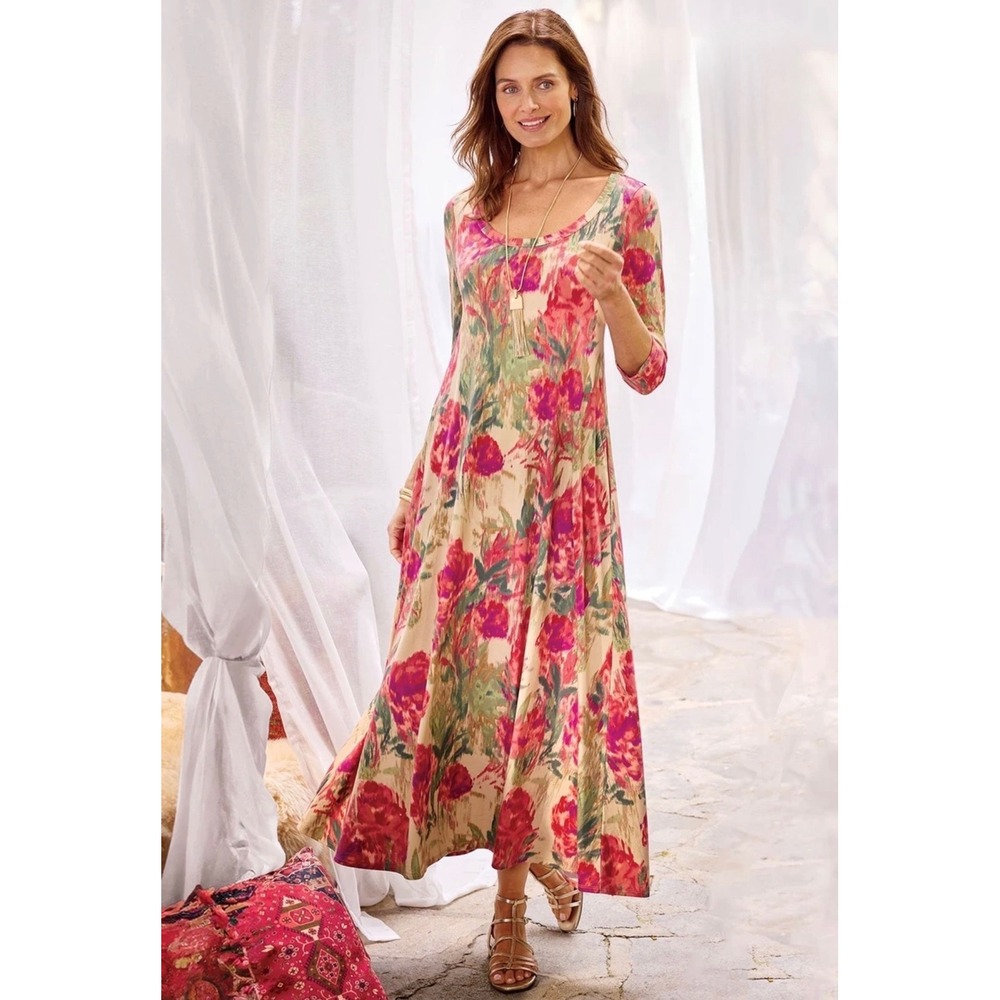 Soft Surroundings Santiago Rose Maxi Dress 3/4 Sleeve sz Petite Small Pockets